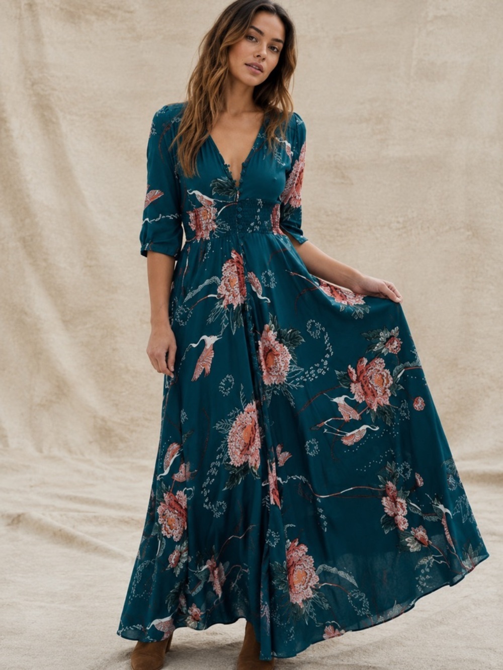 Jaase Maxi Dress XS Teal Floral Boho Autumn Wedding Guest Smocked V-Neck - Picture 3 of 16